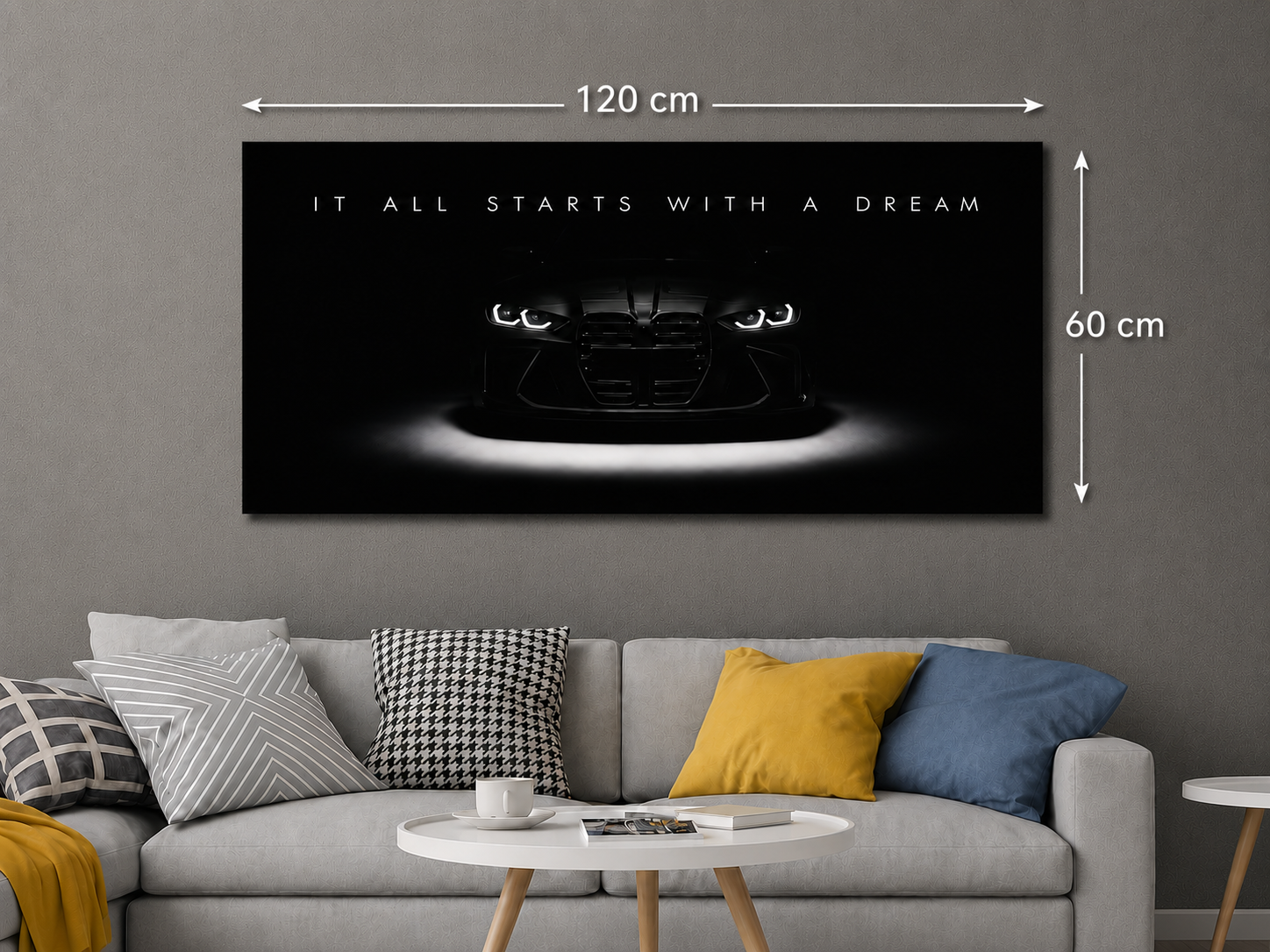 Luxury Sports Car Canvas Wall Art – “It All Starts With A Dream” Modern Motivational Poster | 50x100, 60x120 & 70x140 cm