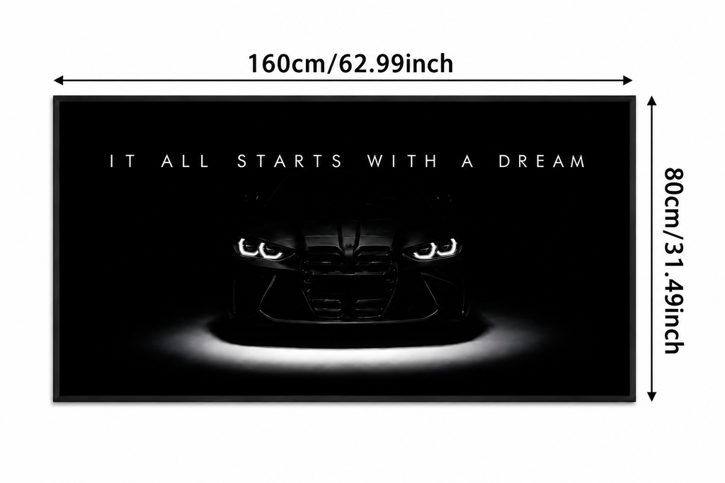 Luxury Sports Car Canvas Wall Art – “It All Starts With A Dream” Modern Motivational Poster | 50x100, 60x120 & 70x140 cm