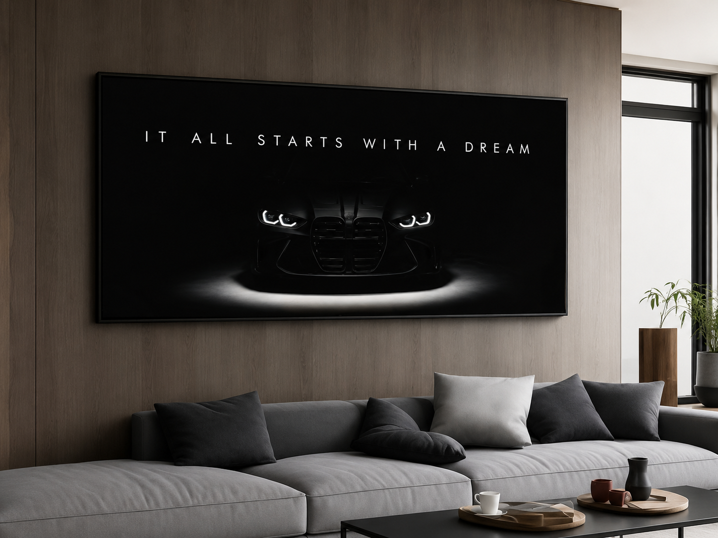 Luxury Sports Car Canvas Wall Art – “It All Starts With A Dream” Modern Motivational Poster | 50x100, 60x120 & 70x140 cm