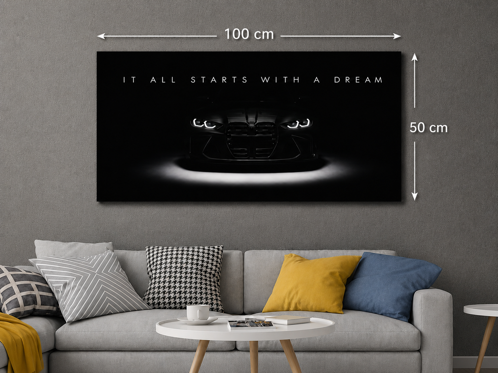 Luxury Sports Car Canvas Wall Art – “It All Starts With A Dream” Modern Motivational Poster | 50x100, 60x120 & 70x140 cm