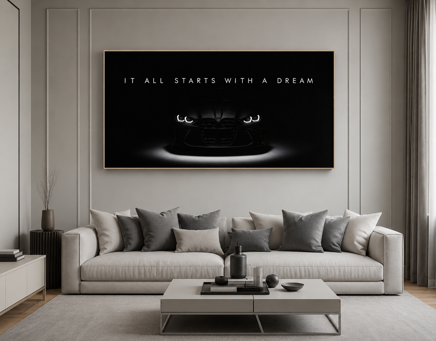 Luxury Sports Car Canvas Wall Art – “It All Starts With A Dream” Modern Motivational Poster | 50x100, 60x120 & 70x140 cm