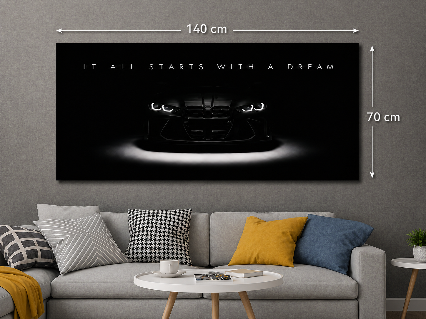 Luxury Sports Car Canvas Wall Art – “It All Starts With A Dream” Modern Motivational Poster | 50x100, 60x120 & 70x140 cm
